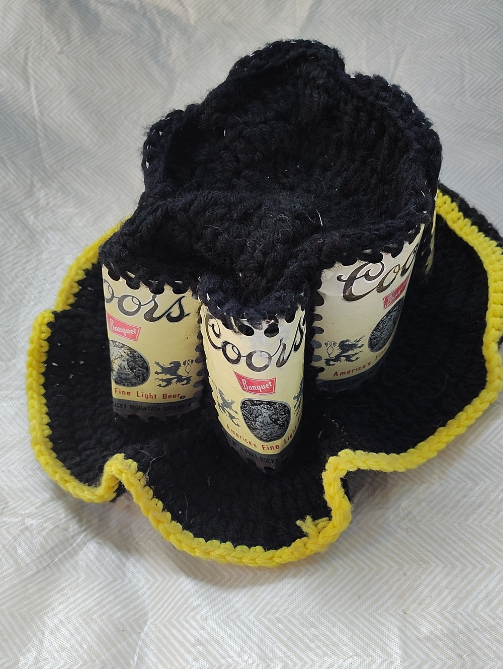 Branded Black & Yellow Crochet Beer Can Holder
